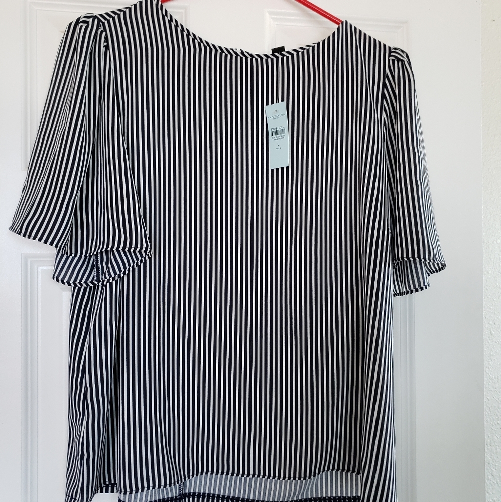 Navy blue and white striped blouse